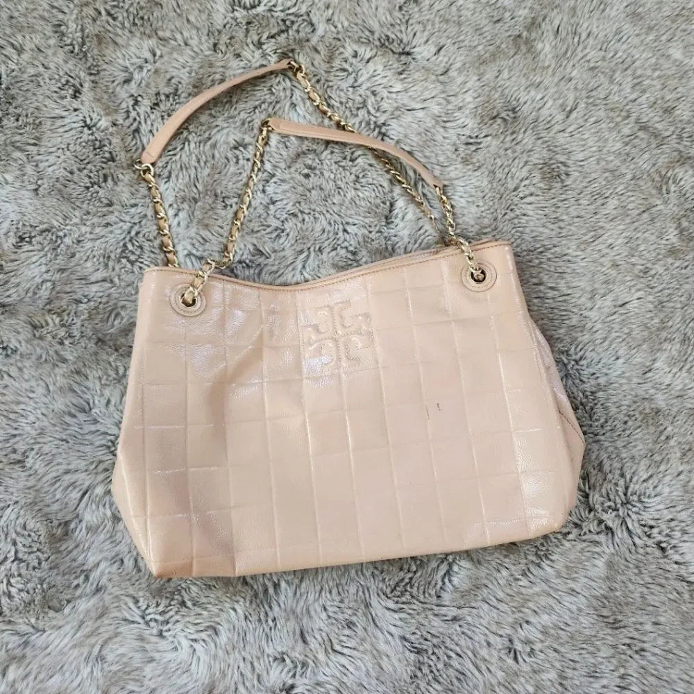Tory Burch Marion Patent Leather Chain Strap‎ Bag New Cream